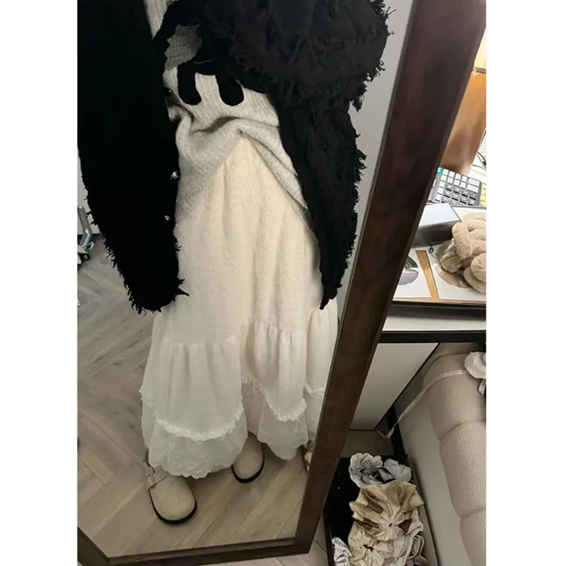 加厚毛绒绒半身裙女秋冬荷叶边米白色蕾丝蛋糕裙温柔风法式长裙子