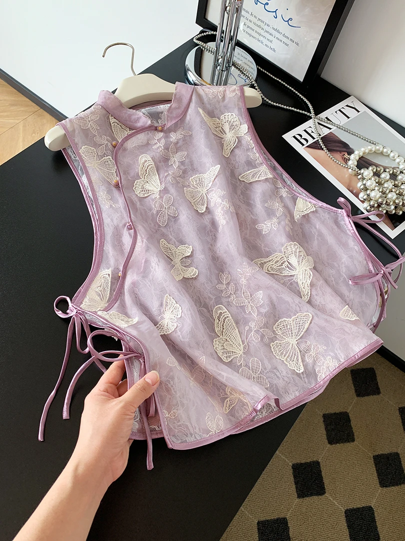 新中式无袖衬衫蝴蝶刺绣斜襟马甲女夏季设计感气质温柔风薄款上衣