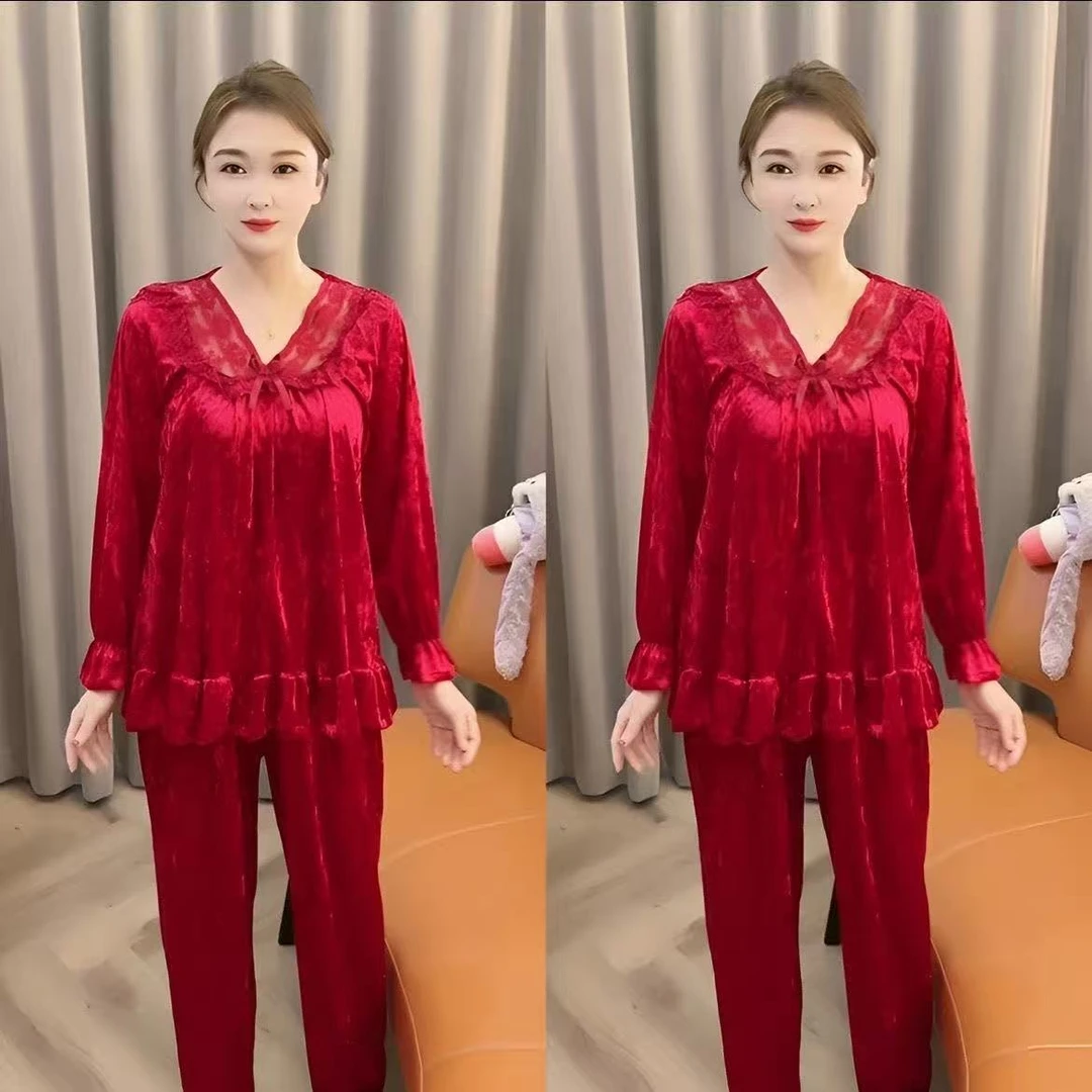 新款冬季睡衣女家居服时尚洋气蕾丝花边V领胖mm大码睡衣女可外穿