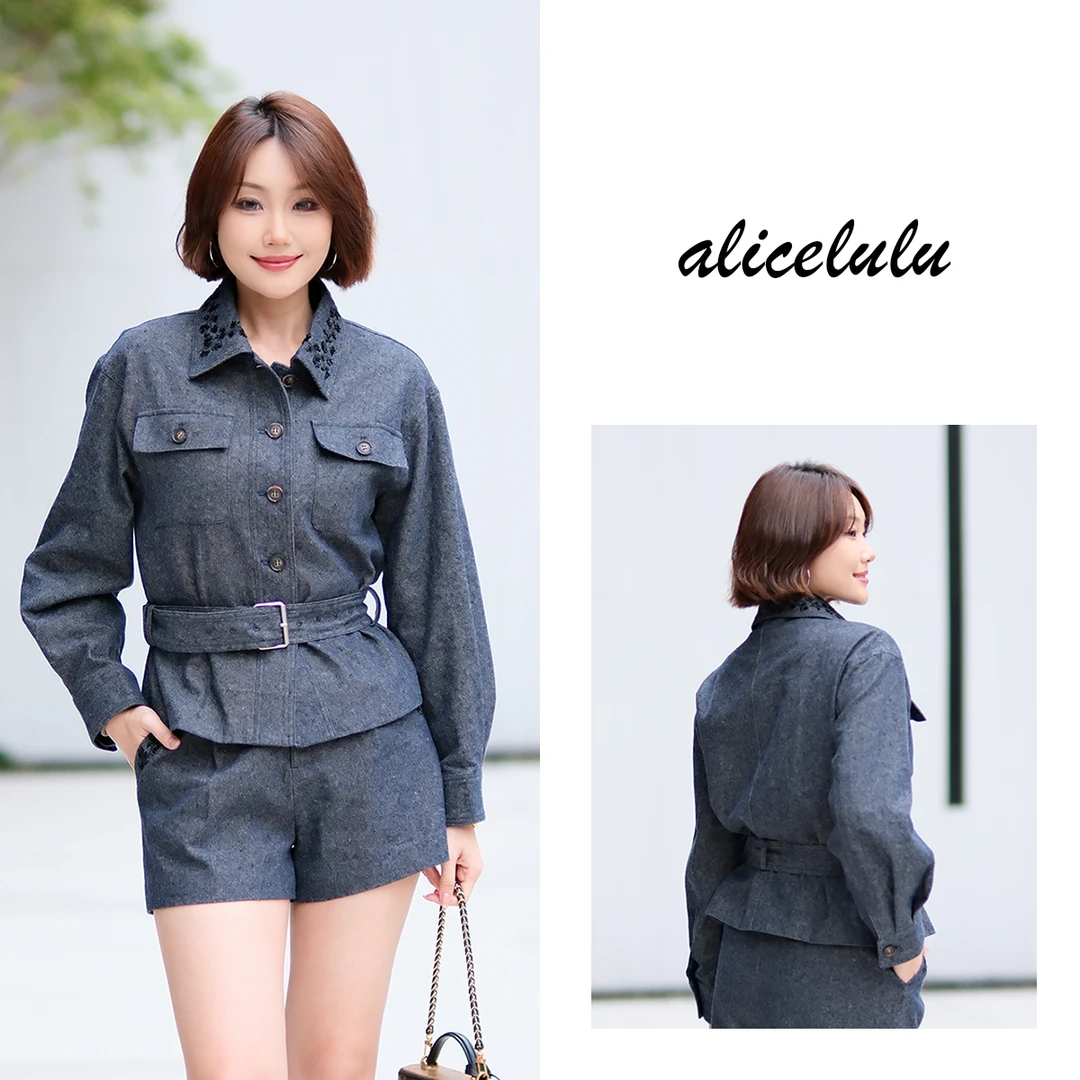 alicelulu 翻领收腰亚麻短外套系扣装饰休闲百搭 810925Y