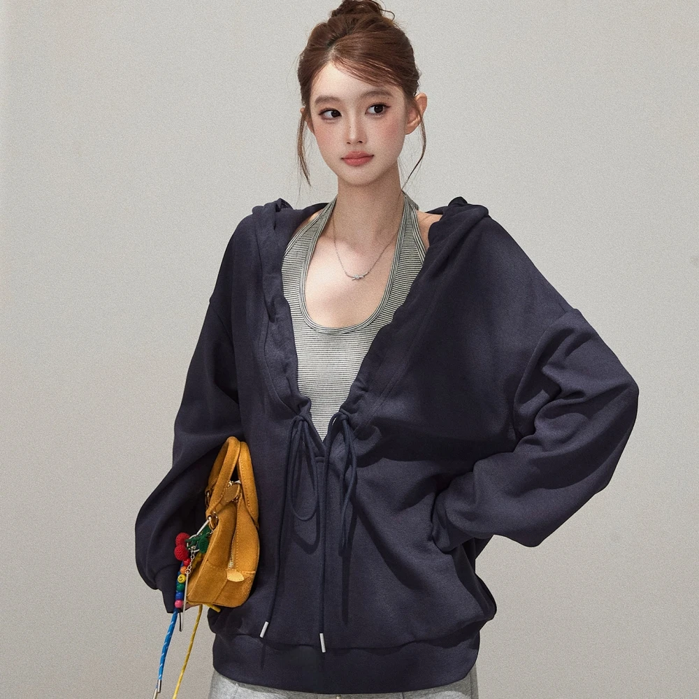 连帽秋季宽松抽绳卫衣条纹吊带衫两件套女2025秋冬季百搭显瘦上衣