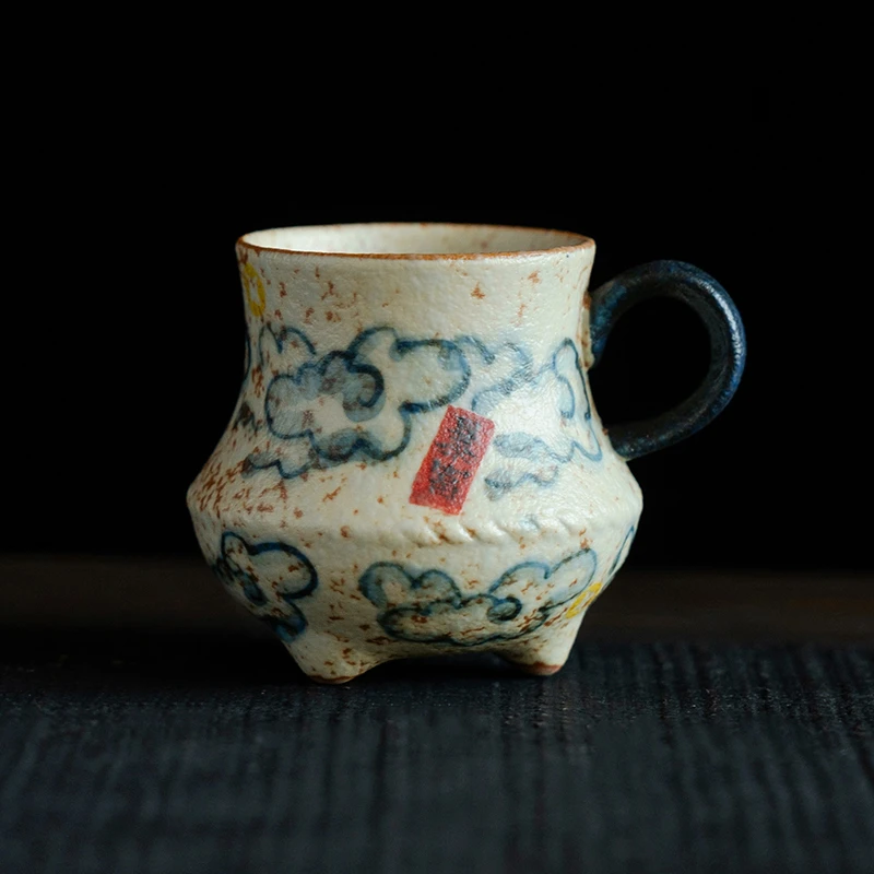 赞朴青花火石红纯手绘祥云陶瓷主人杯带把男女个人专用品茗杯简约