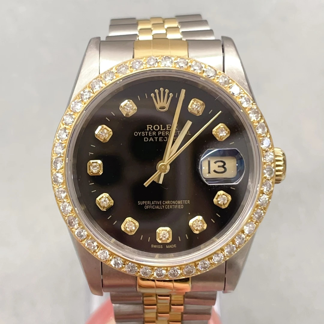 95新 Rolex/劳力士 日志型间金黑盘内外后钻自动机械腕表16233