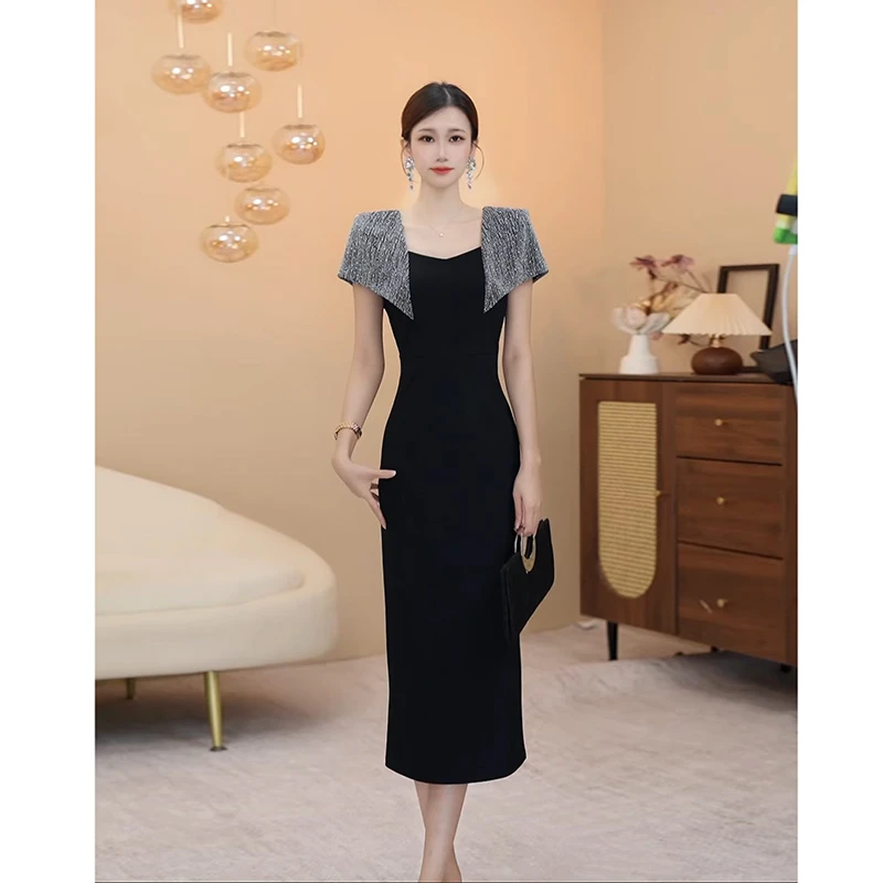 【灿若星河】方领连衣裙夏季轻奢名媛拼接法式显瘦气质连衣裙2629