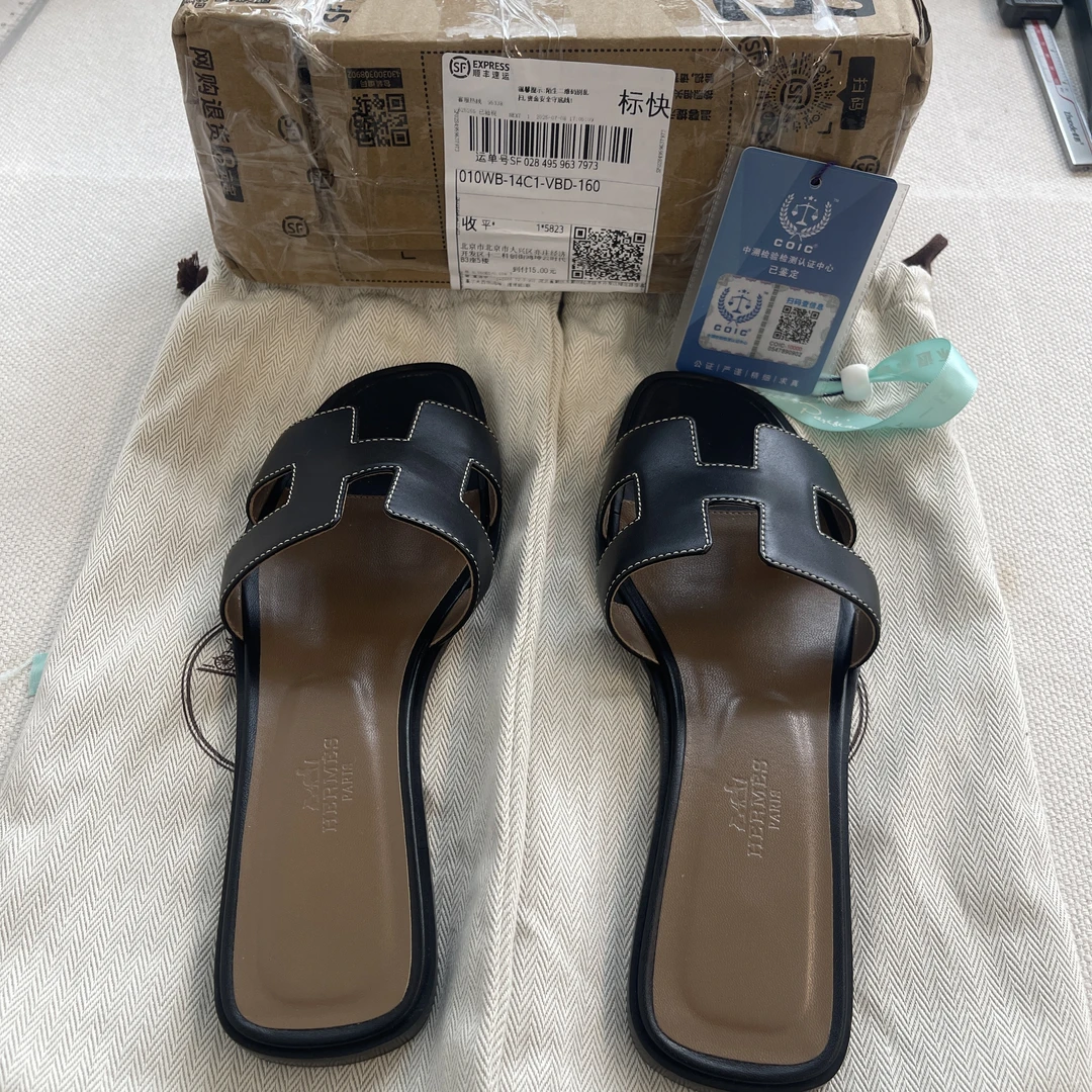 95新 Hermes/爱马仕 麦殿/牛皮H拖鞋37.5码黑色/250709ZMPHZ01