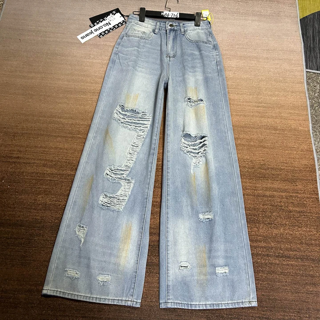 B6-736 高货 薄款 蓝色个性辣妹破洞扎染阔腿裤 无弹（不退换）