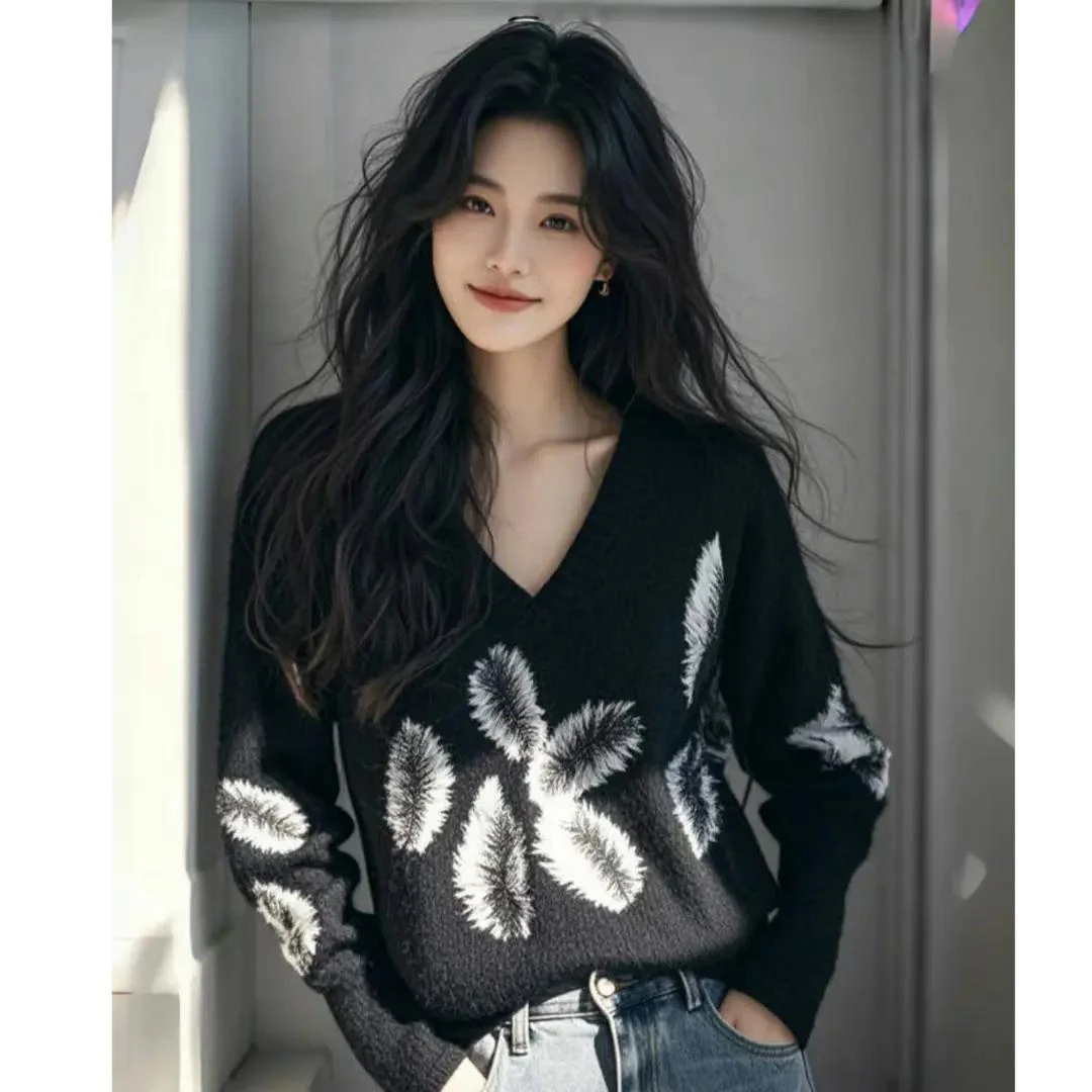 2025新款复古高级感超好看上衣时尚黑色v领宽松毛针织毛衣女春