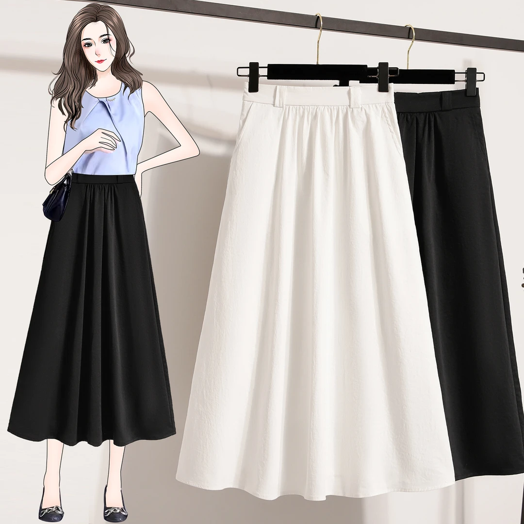 高腰显瘦白色中长款半身裙女气质百搭a字大摆长裙-QGQY66022