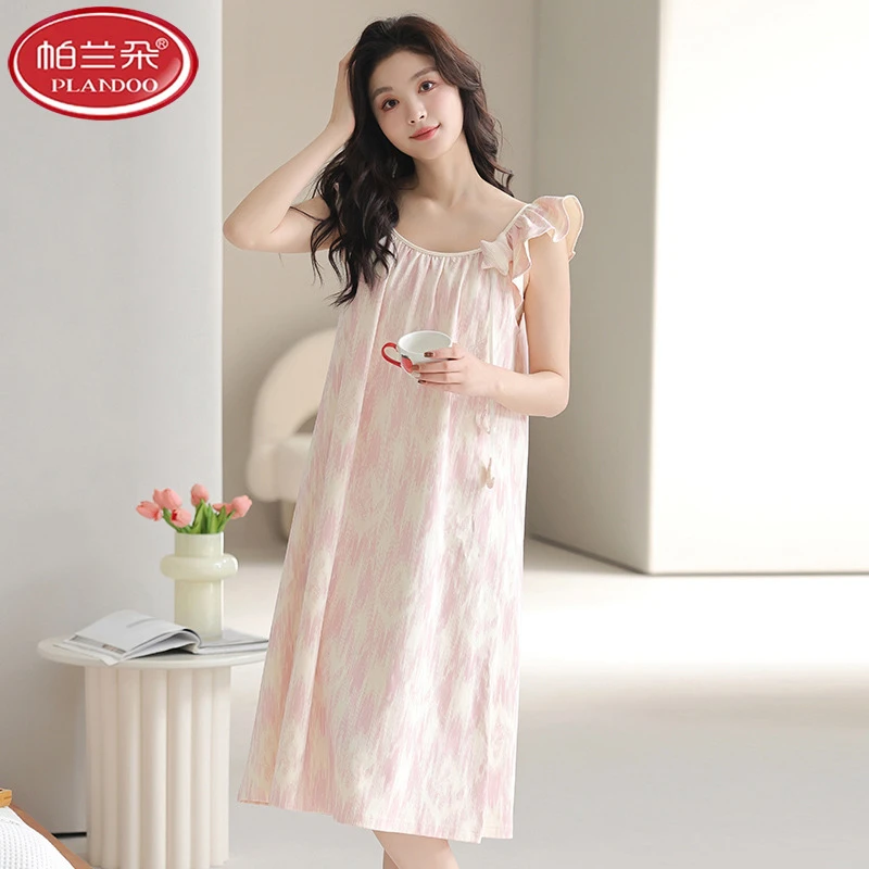 帕兰朵100%纯棉女士睡衣夏季清凉休闲睡裙柔软亲肤居家中长裙宽松