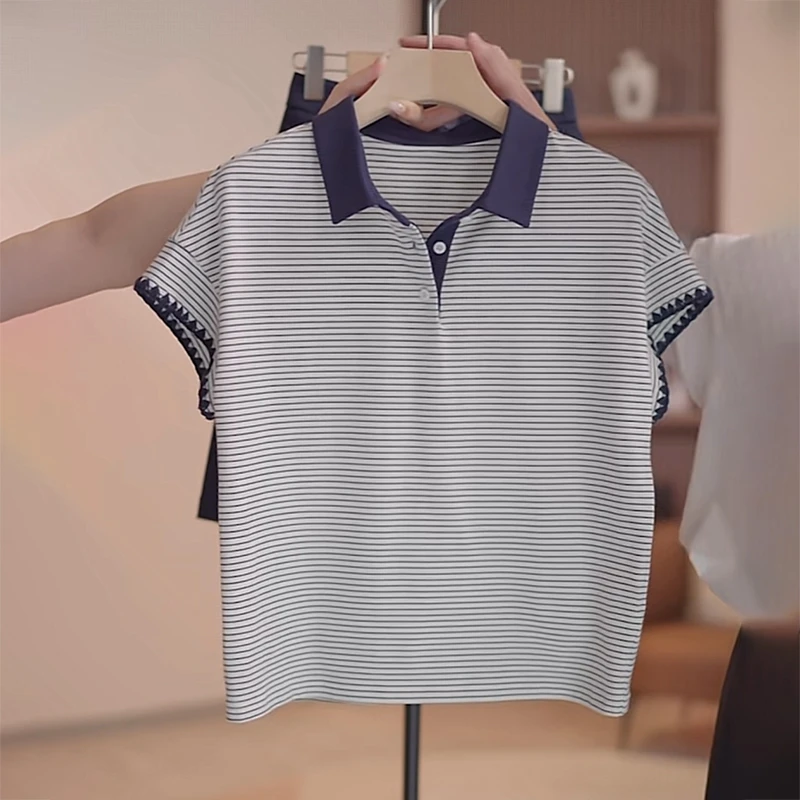 2025夏季新款女士条纹翻领T恤时尚显瘦减龄高级感撞色Polo衫上衣