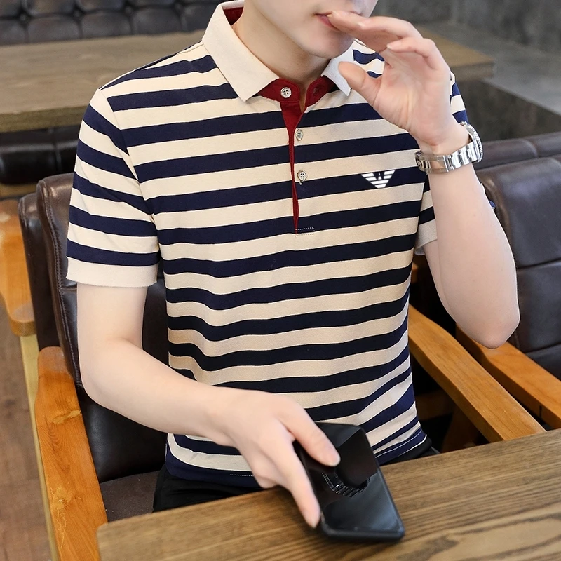 【品牌特卖】男士夏季条纹短袖T恤男装翻领透气Polo衫修身潮牌上衣