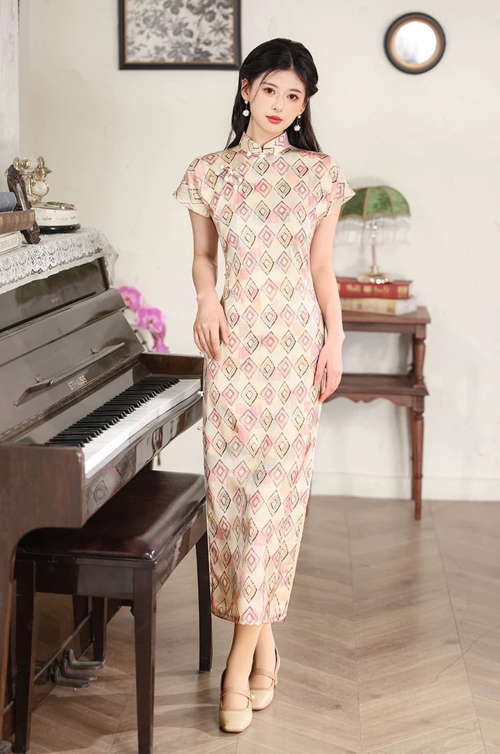 298 年轻款古法连肩袖菱形格|曼玉|旗袍