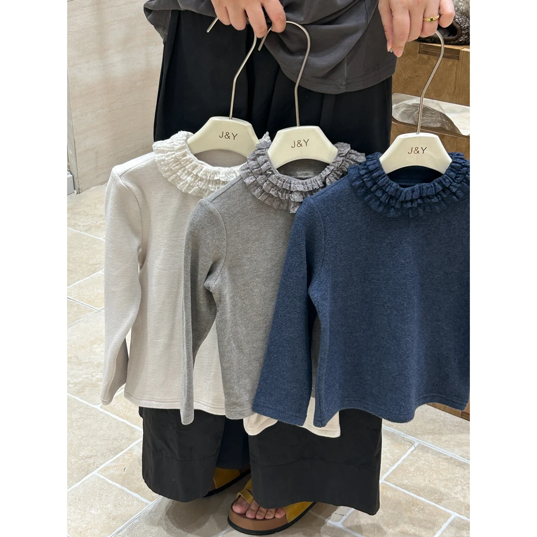 58260新款小女孩秋冬季领口多层花边针织纯色毛衣打底