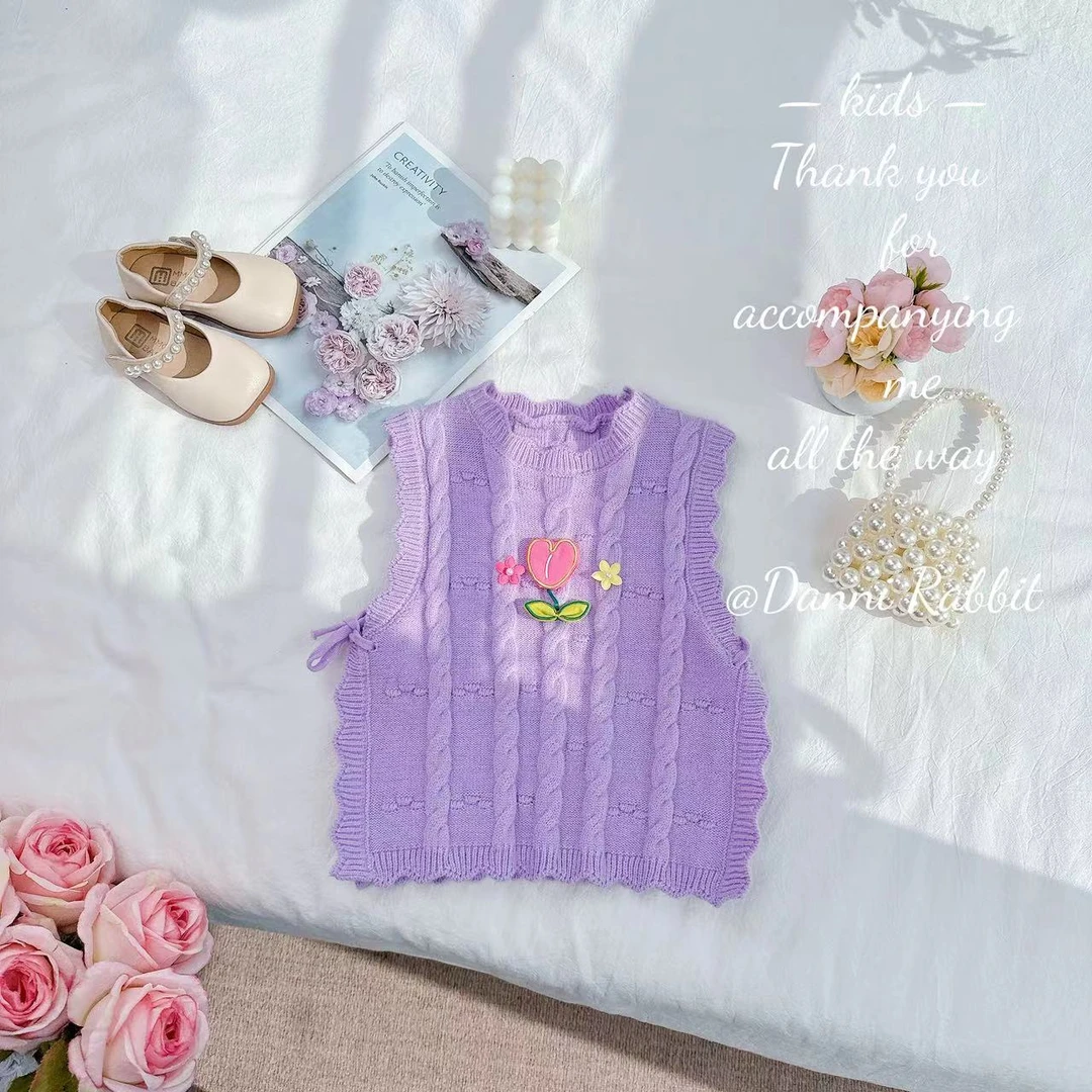 *半岛湖畔*秋款新款女童韩版洋气卡通小花系带针织马甲.D-ZT286