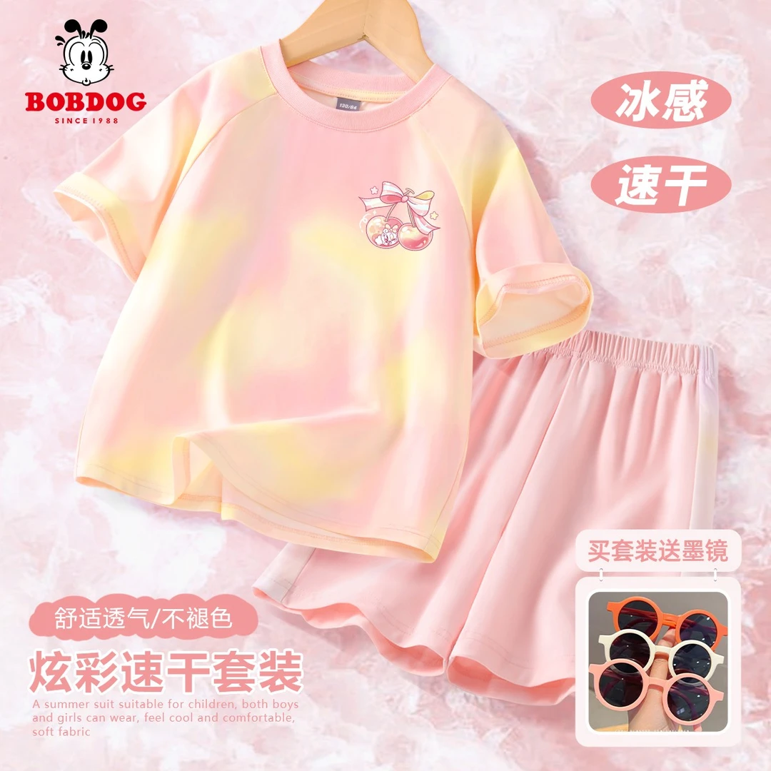 巴布豆卡乐女童套装夏季2025新款冰感速干女孩短袖洋气儿童运动服