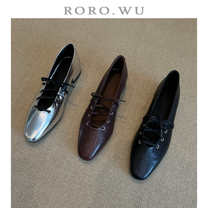 娆娆吴·真皮气质简约交叉带方头芭蕾舞风百搭日常通勤单鞋D951