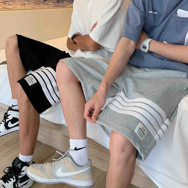 男式短裤运动夏季港风潮流重磅直筒中裤韩版潮流休闲条纹五分卫裤