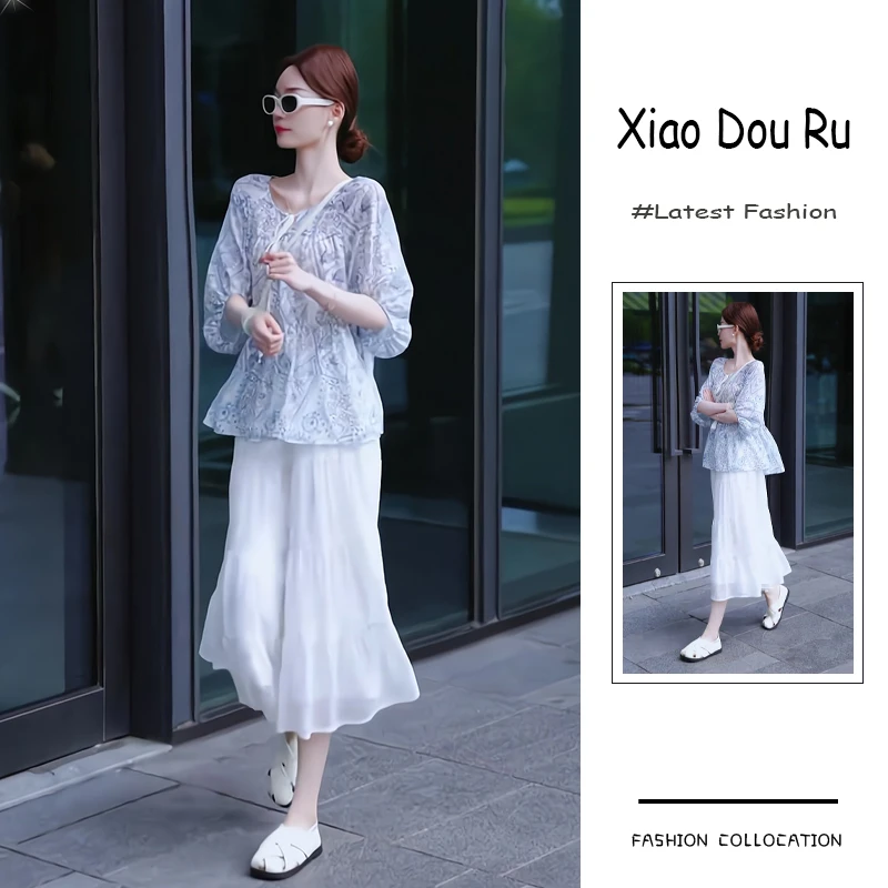 夏季流行穿搭一整套新款2025韩系清新范V领碎花上衣半身裙两件套