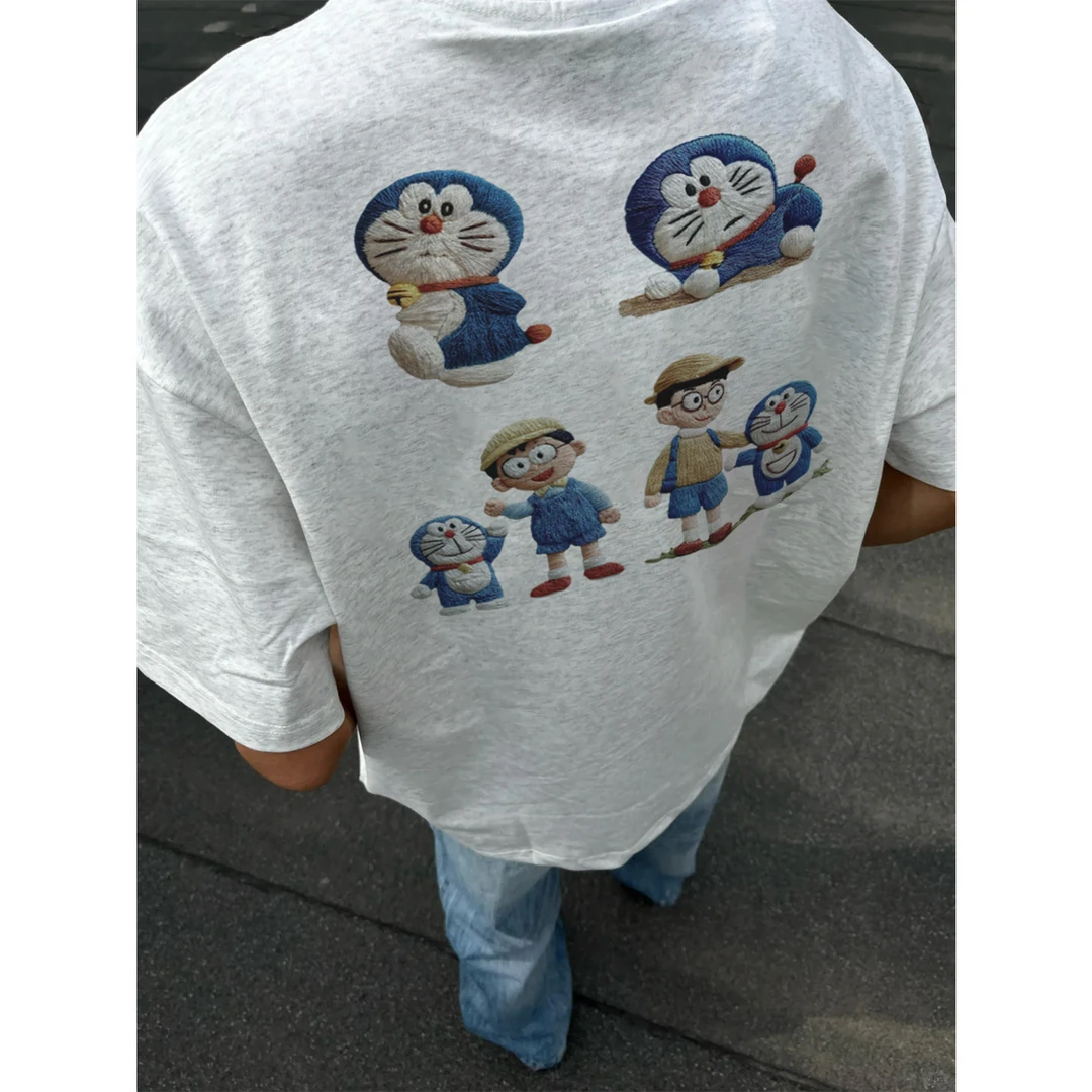 100%纯棉美式卡通哆啦A梦印花短袖T恤夏季男女宽松休闲情侣款上衣