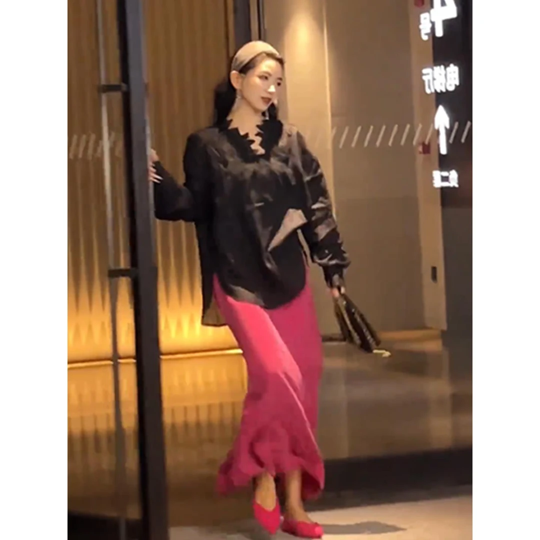 2025秋季新款法式设计感宽松长袖衬衫上衣百搭高腰显瘦开叉半身裙