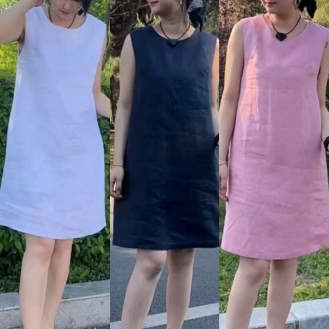 夏季新款薄款透气洋气百搭无气质袖麻裙宽松显瘦减龄简约连衣裙