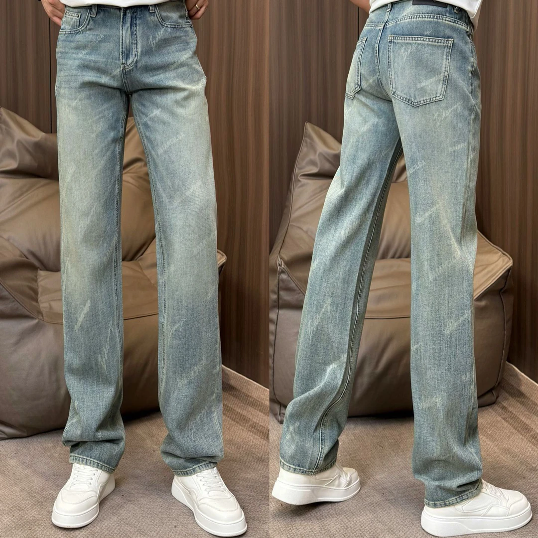 孙先生｜春季男款莱赛尔时尚百搭暗纹水洗字母浅男款直筒牛仔裤508