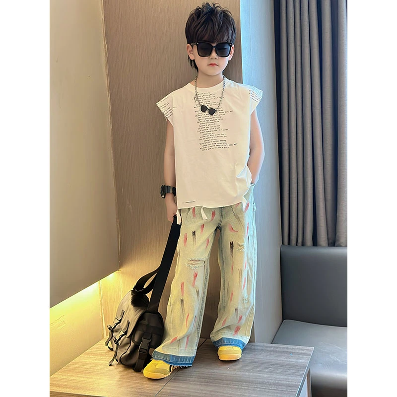 设计感新款美式复古破洞涂鸦牛仔裤男夏季高街做旧浅色直筒裤酷帅
