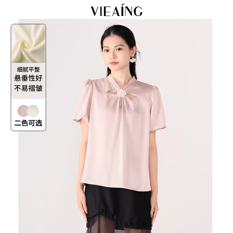 VIEA.ING薇迎短袖雪纺衬衫女夏季新款通勤设计感镂空粉色休闲上衣