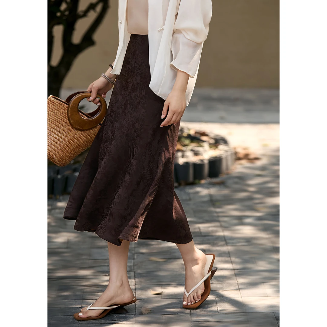 『罗底莨绸』薯莨工艺26MM丝人丝提花印花鱼尾半身裙SQA764535AG