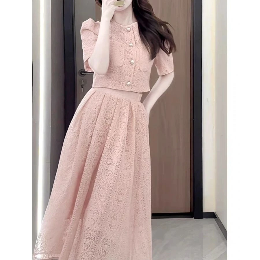 小香风套装女装2024夏季新款气质女神范高端蕾丝上衣半身裙两件套