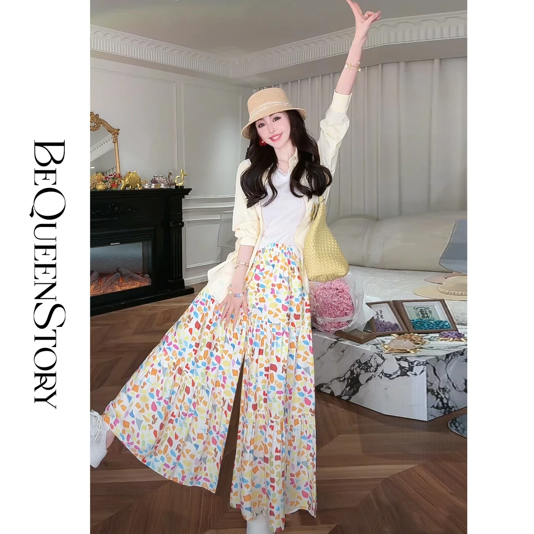 余潇潇【多巴胺碎片】2025夏季新品百搭松紧腰碎片印花阔腿裤