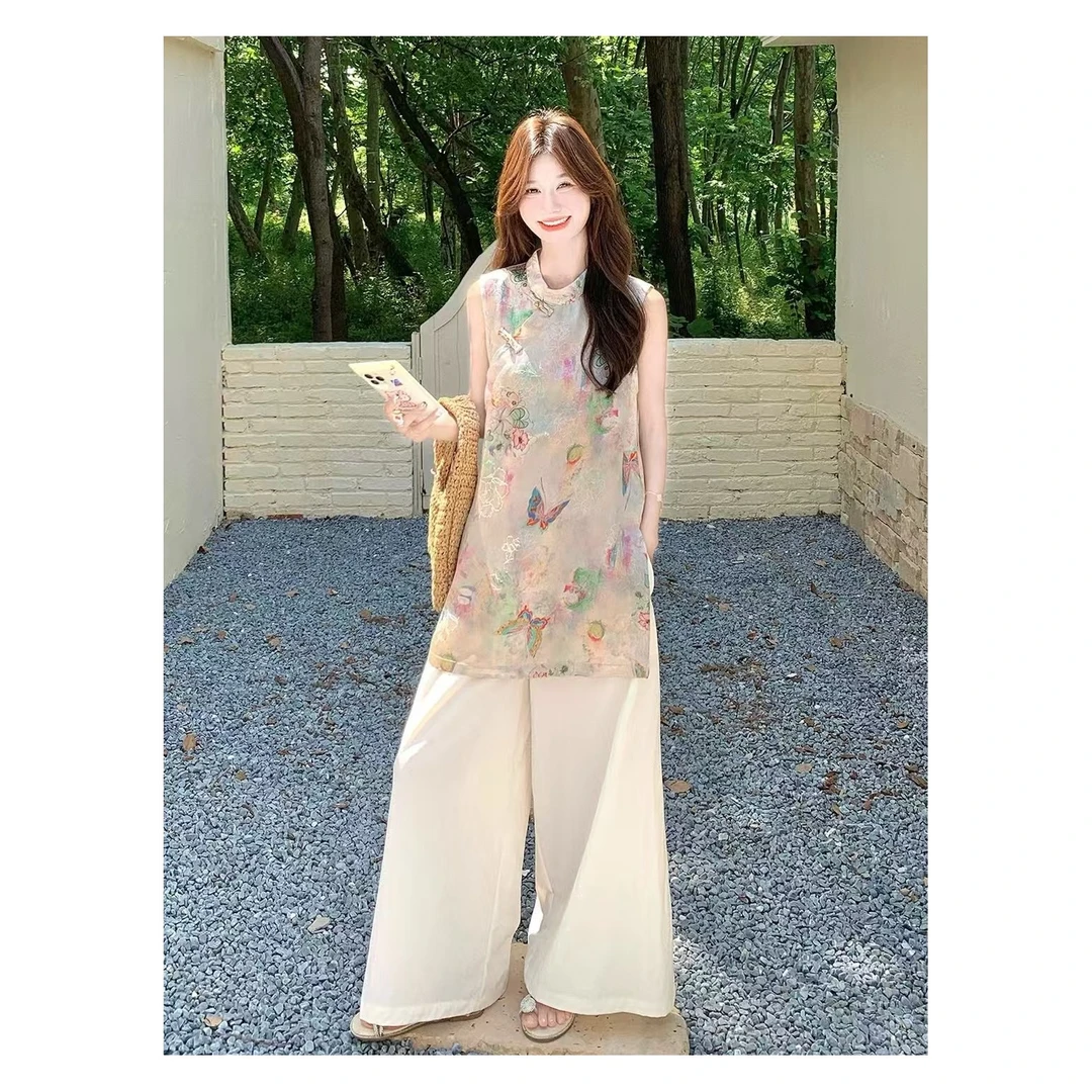 [奥黛款] 天丝养肤 新中式国风改良侧开钉珠中长款温柔风上衣