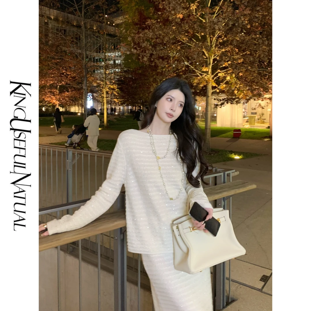 KUN【静奢腔调】浪漫记忆 特种纱混纺云朵般柔软一字领半身裙套装