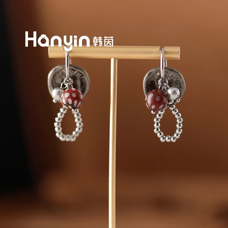 铜合金仿水晶耳饰 小众设计感复古做旧风纽扣流苏耳环