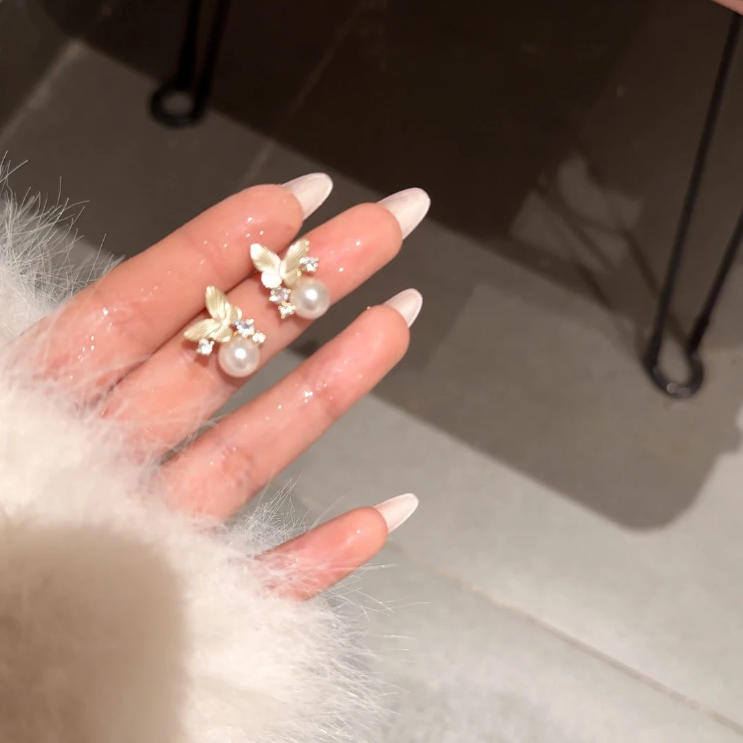 铁合金耳饰 AL5812 星蝶物语~滴油蝴蝶珠珠闪锆小耳钉