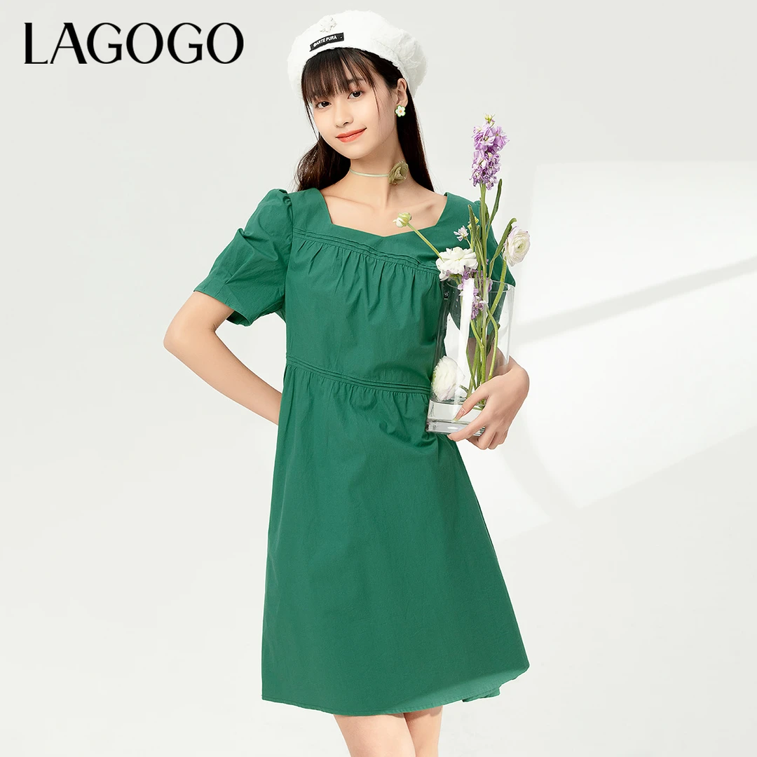 lagogo新款森系泡泡袖压褶设计感连衣裙女MALL333A41