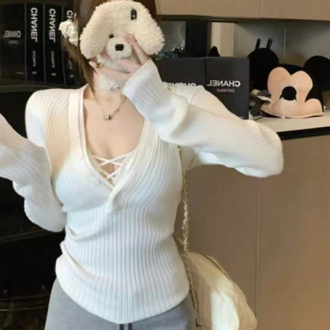 韩版纯欲风长袖女秋冬修身显瘦打底衫小众3161假两件