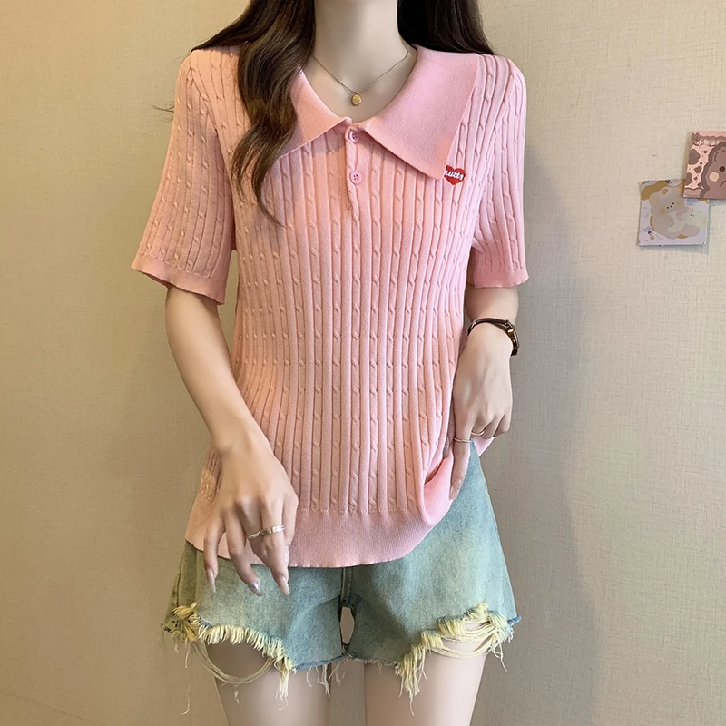 2025夏装小众新款时尚百搭宽松POLO领短袖胖mm刺绣冰丝针织上衣
