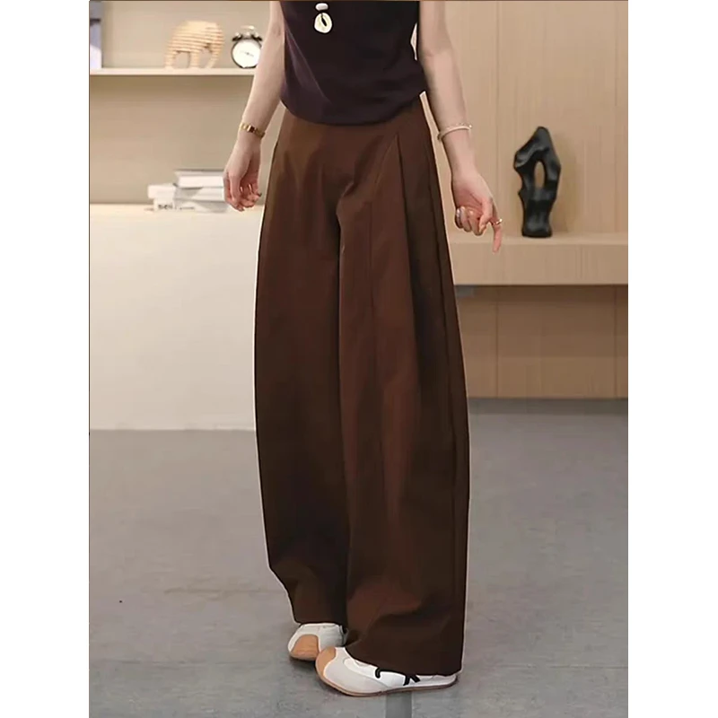 拉夏贝尔高级侧压褶阔腿裤女2025秋季新款宽松时尚气质直筒贝斯裤