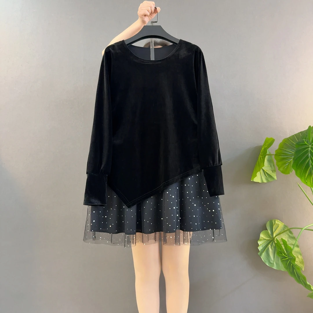 时尚拼接丝绒蕾丝洋气千金风气质上衣