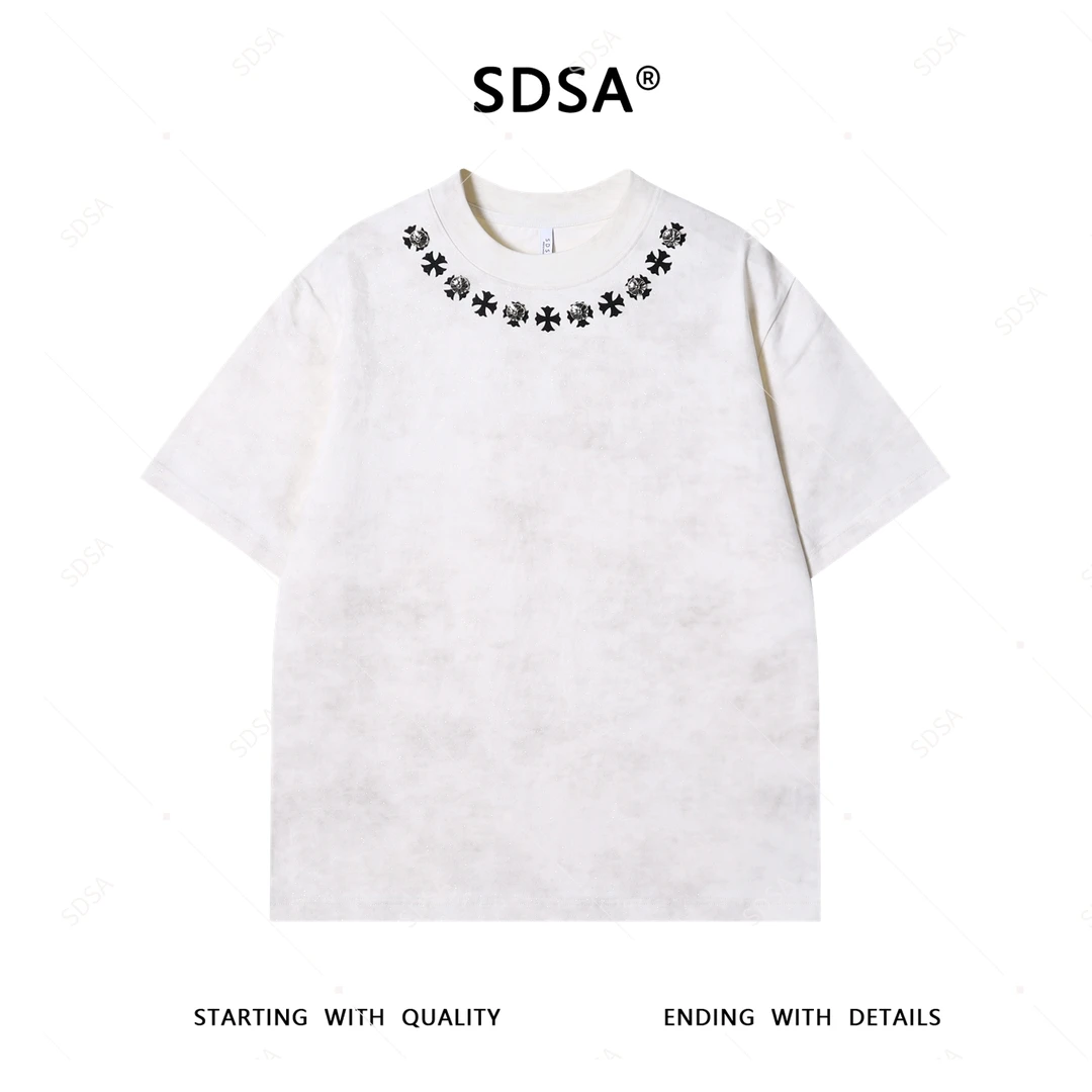 SDSA男士短袖t恤2025新款轻痞帅男装满天星十字印花立体装饰圆领