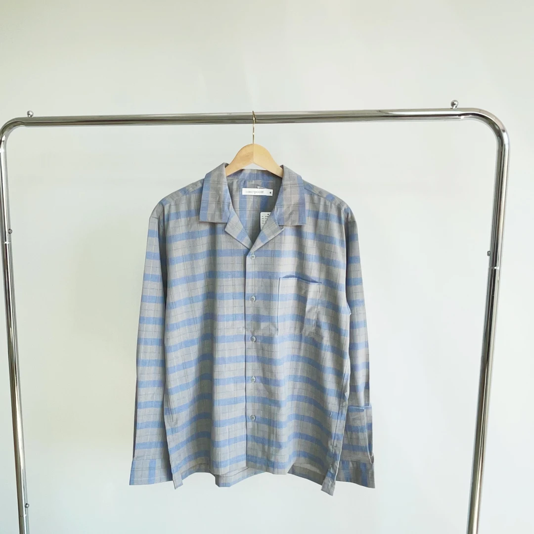 L123 灰蓝色格子翻领休闲长袖宽松休闲衬衫