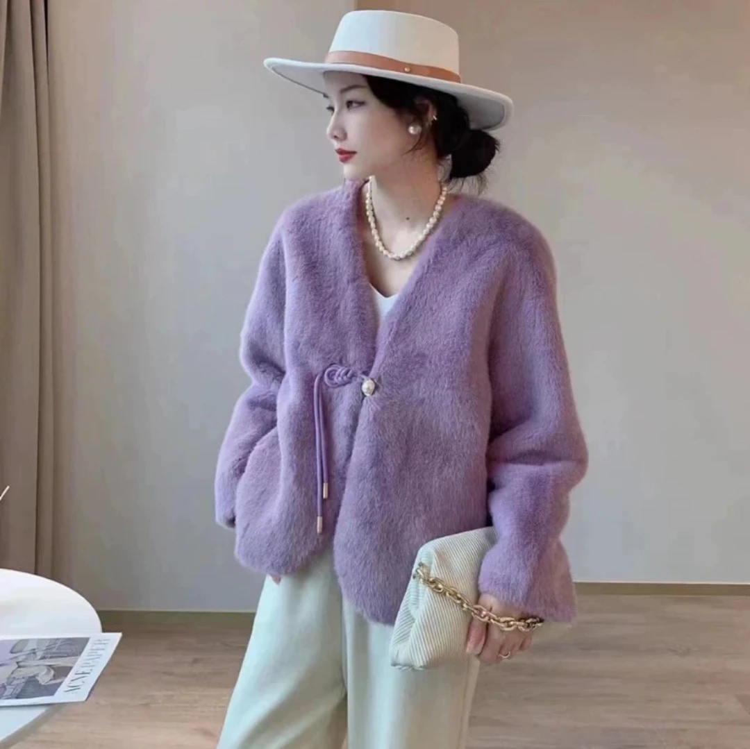 （衣长53）国风盘口气质百搭时尚V领环A毛毛草草外套