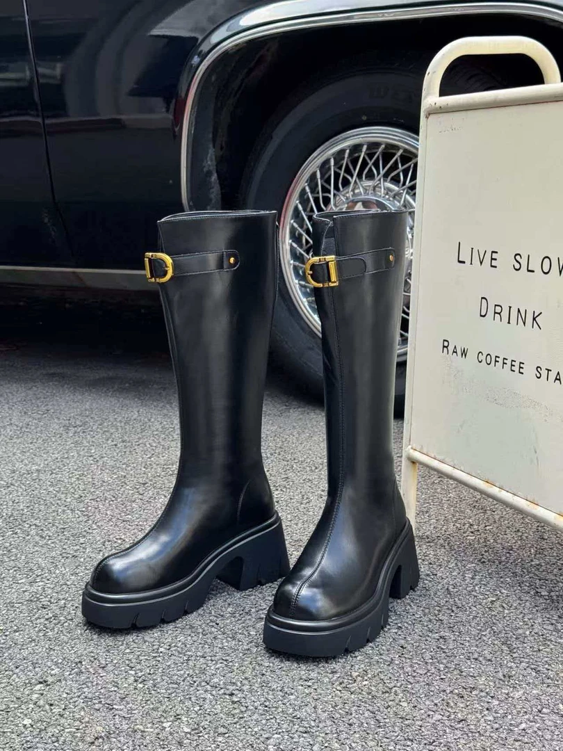 新款圆头粗跟舒适厚底不累脚百搭款长款女靴299-7