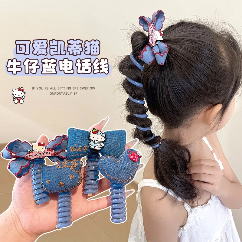 儿童凯蒂猫电话线发圈韩系牛仔蝴蝶结kt猫发绳女童发饰不伤发头绳
