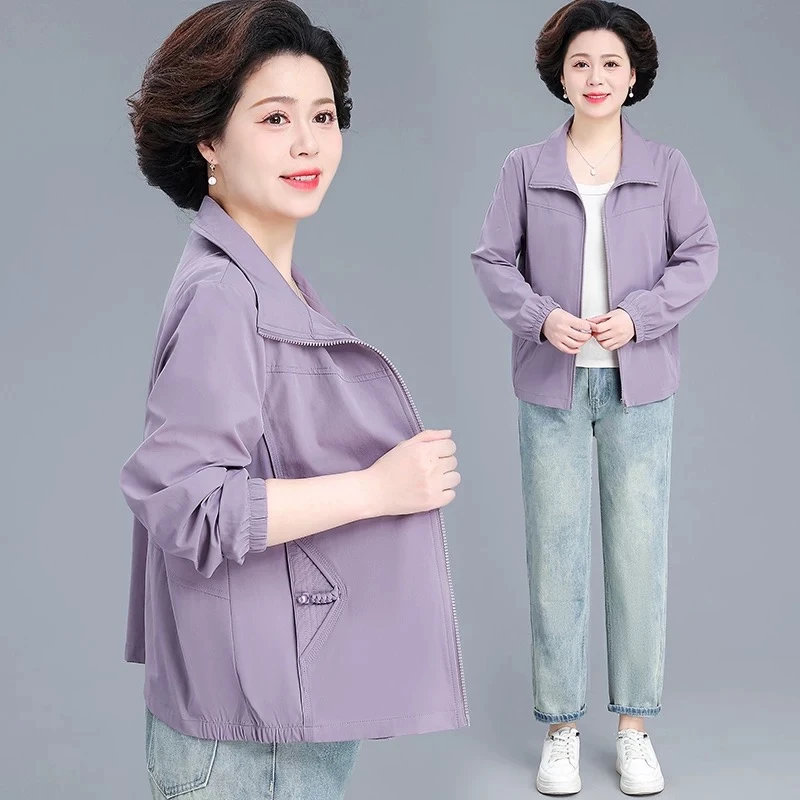 中老年妈妈纯色翻领外套女2025秋季时尚洋气百搭显瘦遮肉休闲上衣