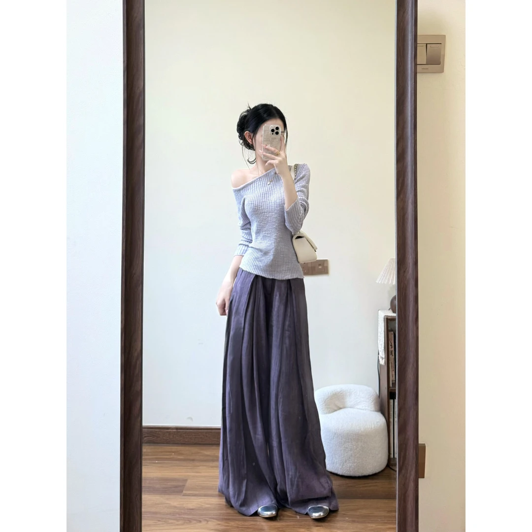 INS CEC法式不规则斜肩紫色慵懒温柔针织衫褶皱下摆阔腿裤套装