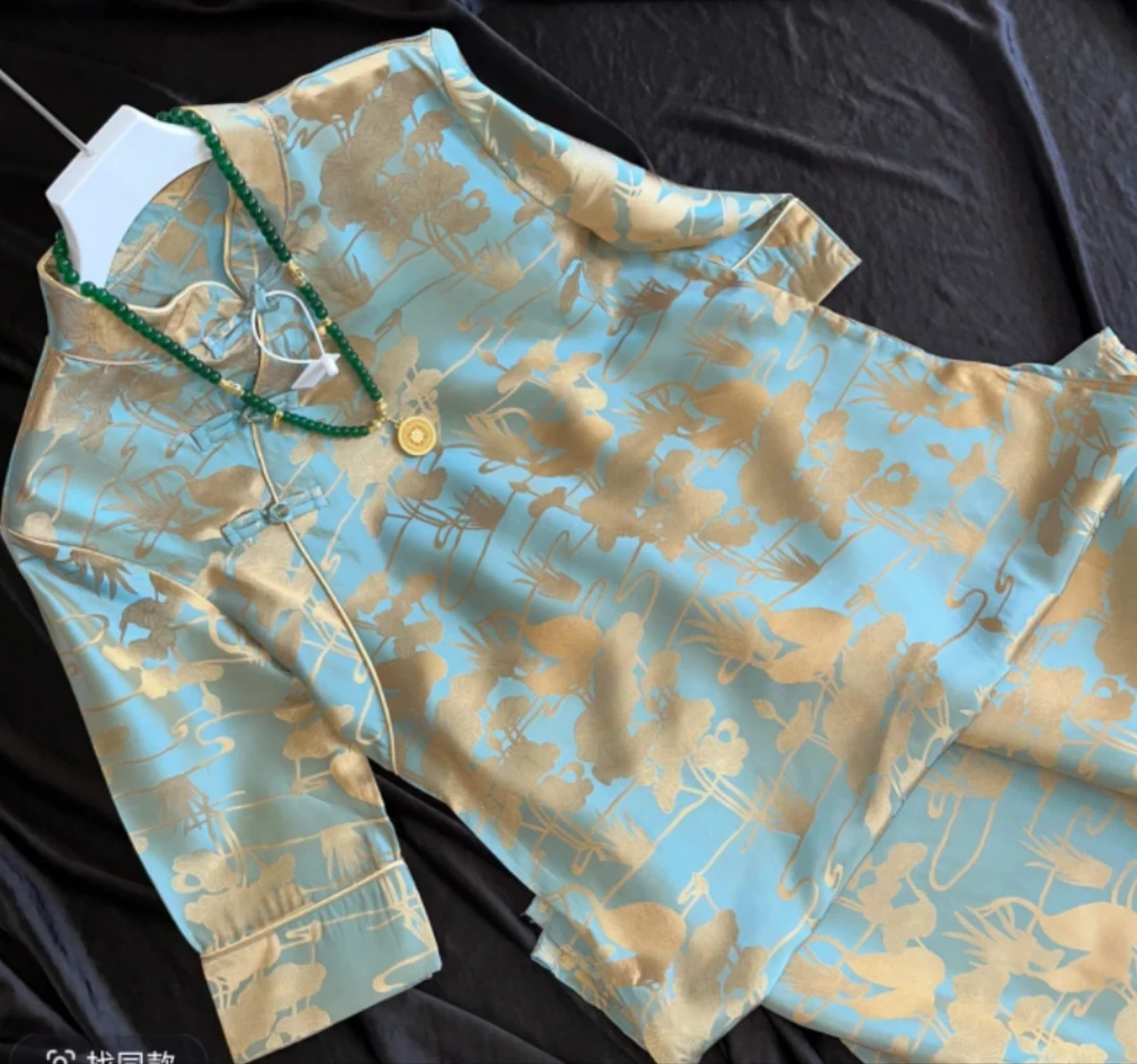 《东方美～玉叶》新中式2025春夏新款重工复古盘扣旗袍式丝绸套装