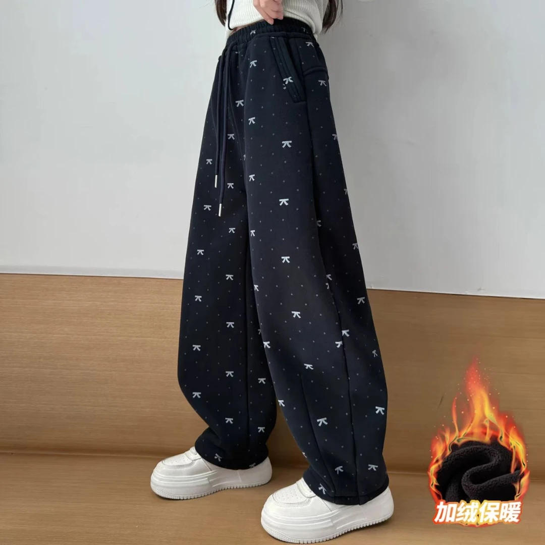 女童加绒卫裤秋冬2025新款儿童冬装裤子加厚一体绒洋气休闲弯刀裤