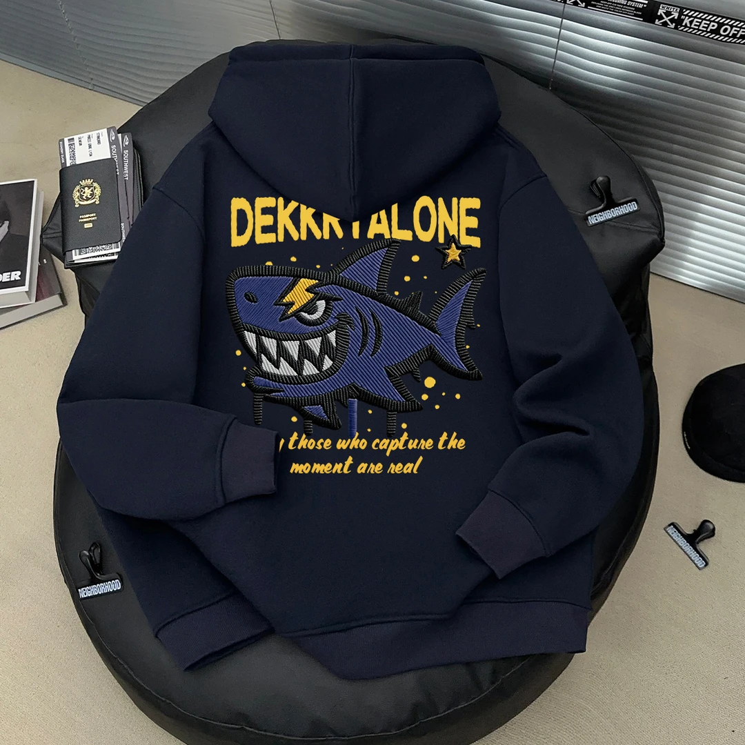 美式高街个性鲨鱼印花外套秋冬季男女开衫连帽拉链藏青色情侣卫衣